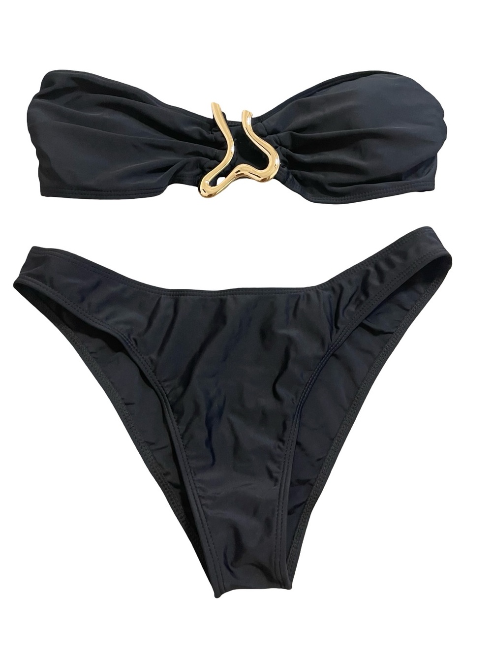 SHEIN Black Bandeau Bikini Set with Gold Wave Hardware Detail size L